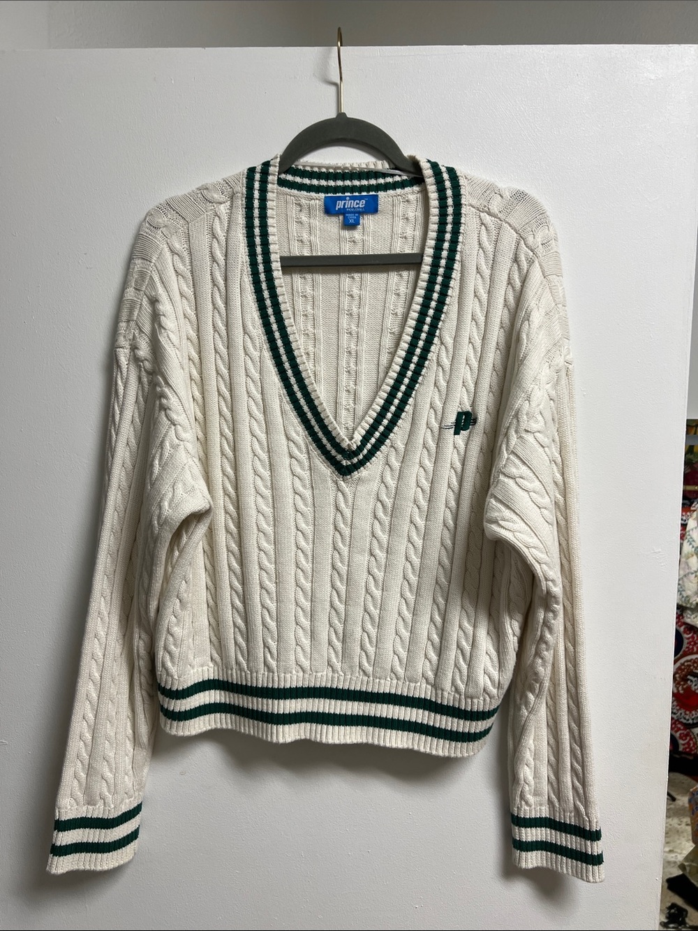 Prince Cream Cotton Cable Knit V-Neck Sweater Dark Green Trim Retro Preppy XL - Picture 1 of 6